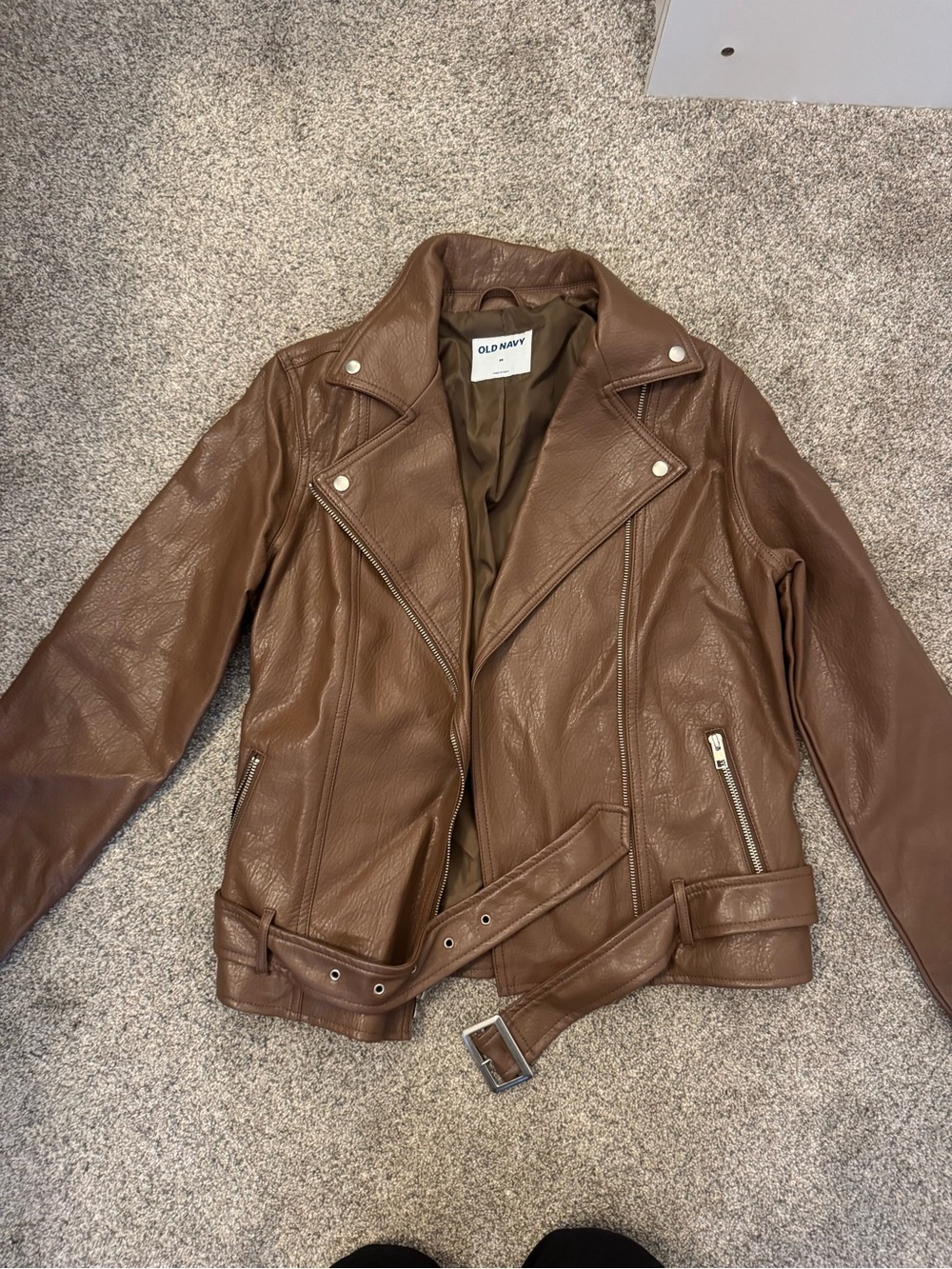 Old Navy Brown Faux Leather Belted Moto Jacket